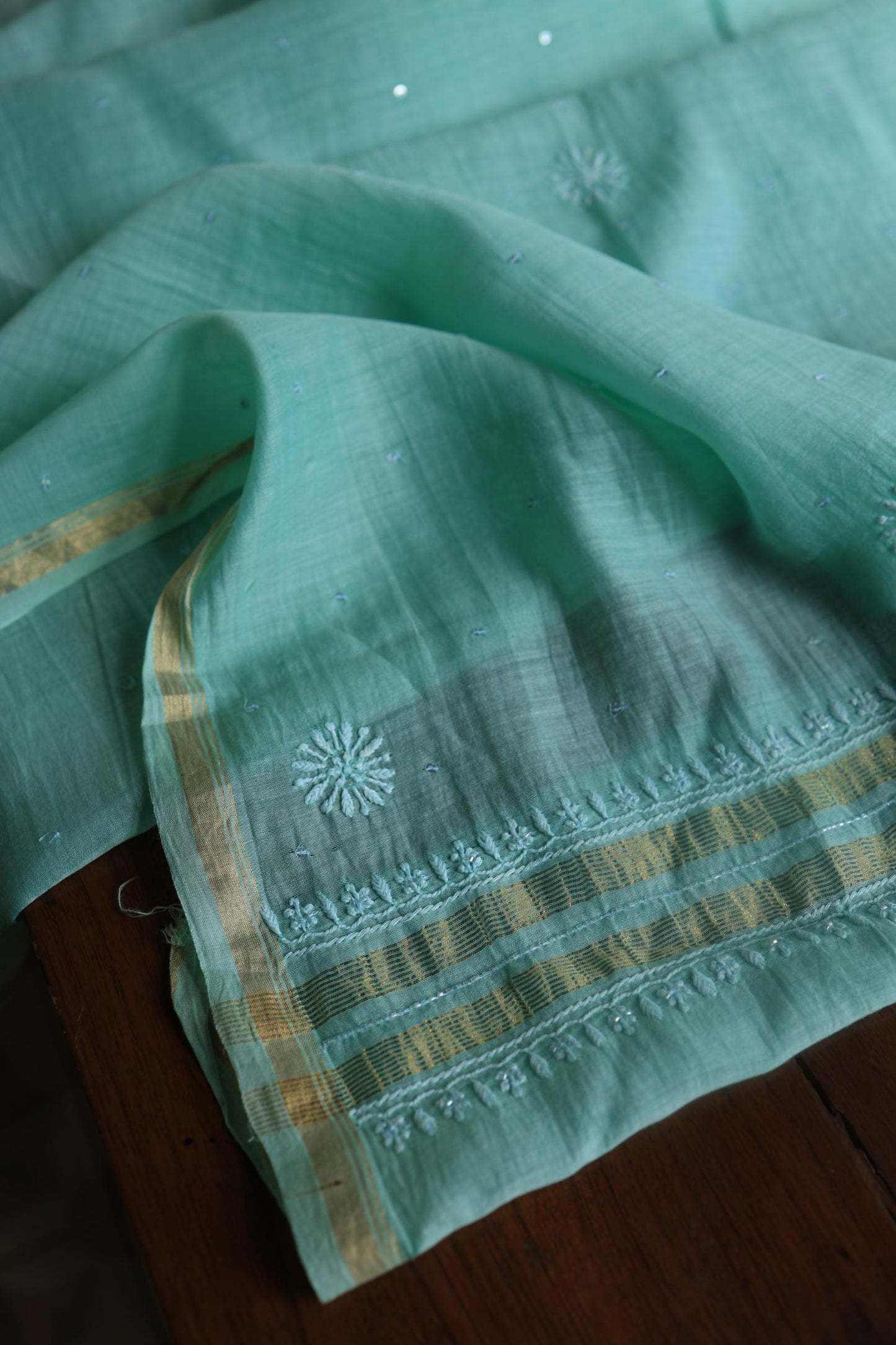 Sea Green Peach Malmals Pearl Work Chikankari Unstitched Fabrics