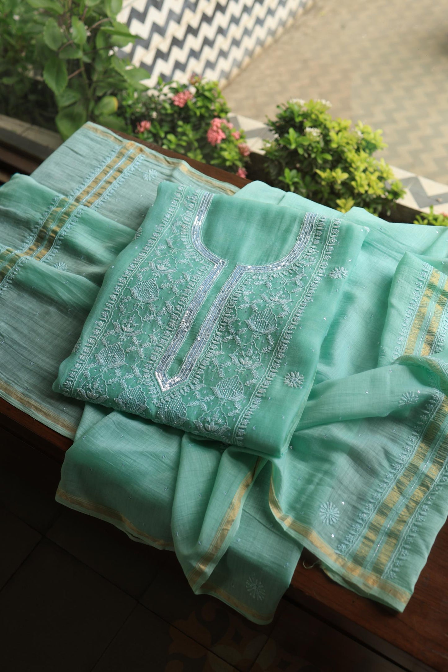 Sea Green Peach Malmals Pearl Work Chikankari Unstitched Fabrics