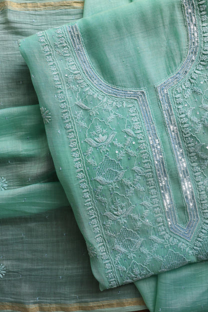 Sea Green Peach Malmals Pearl Work Chikankari Unstitched Fabrics