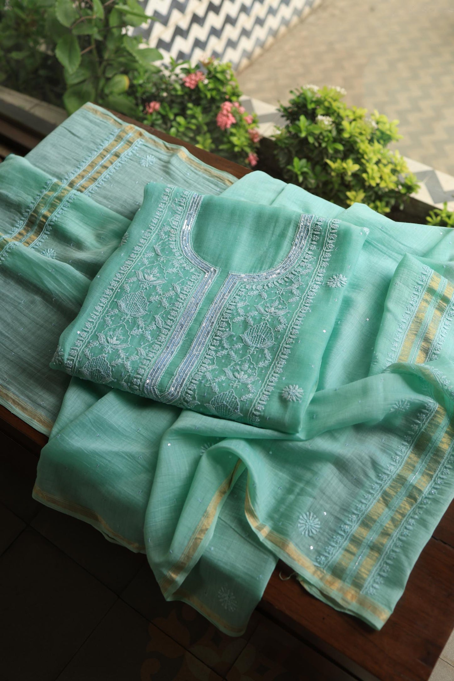 Sea Green Peach Malmals Pearl Work Chikankari Unstitched Fabrics