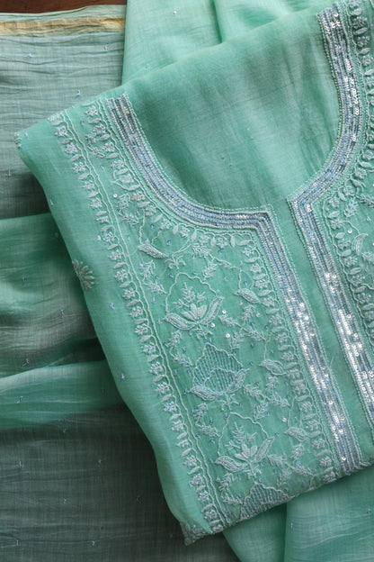 Sea Green Peach Malmals Pearl Work Chikankari Unstitched Fabrics