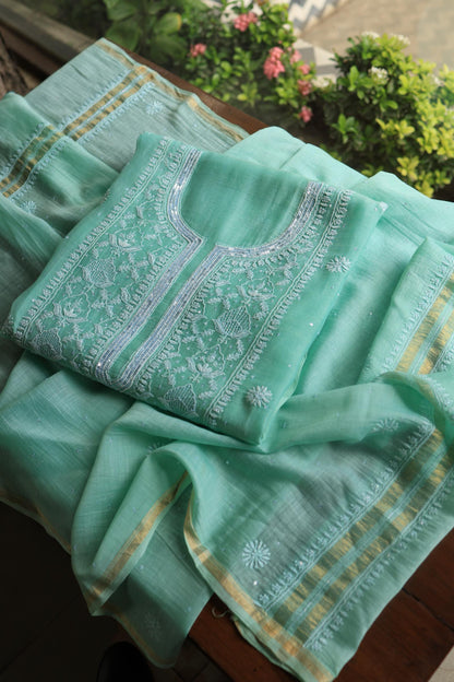 Sea Green Peach Malmals Pearl Work Chikankari Unstitched Fabrics