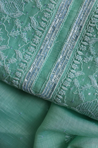 Sea Green Peach Malmals Pearl Work Chikankari Unstitched Fabrics
