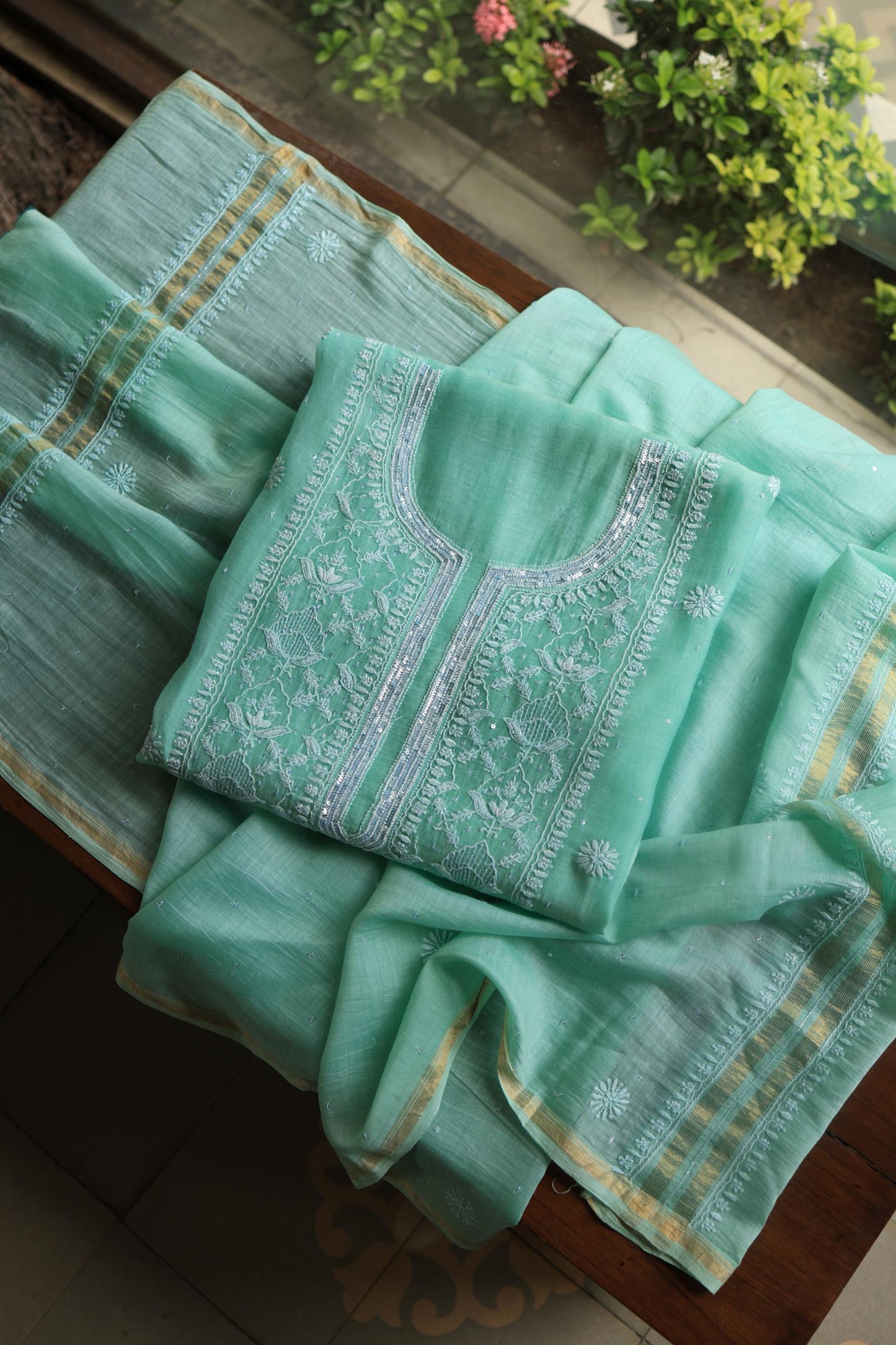 Sea Green Peach Malmals Pearl Work Chikankari Unstitched Fabrics