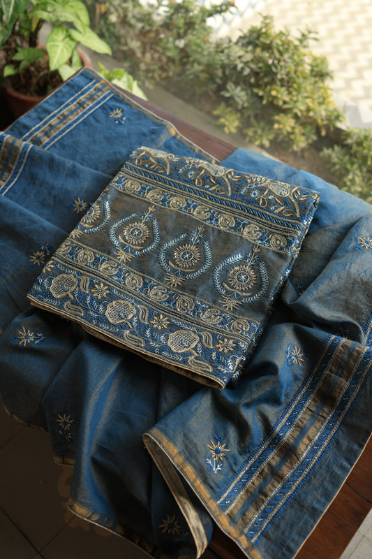 Blue Roheen Tissue Silk Chikankari Unstitched Fabrics