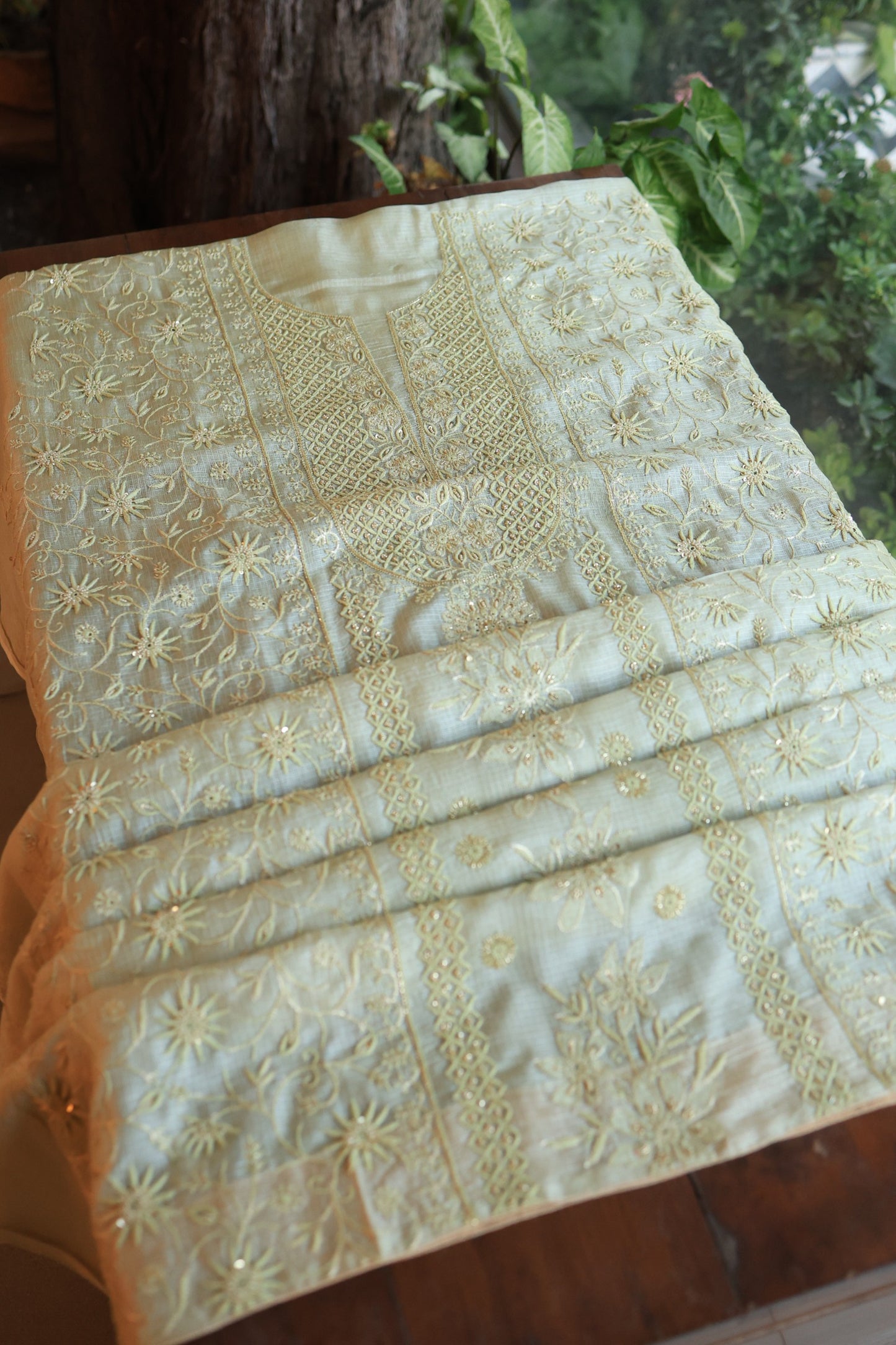 Lemon Rasm Kota Tussar Chikankari Unstitched Chikankari Fabrics