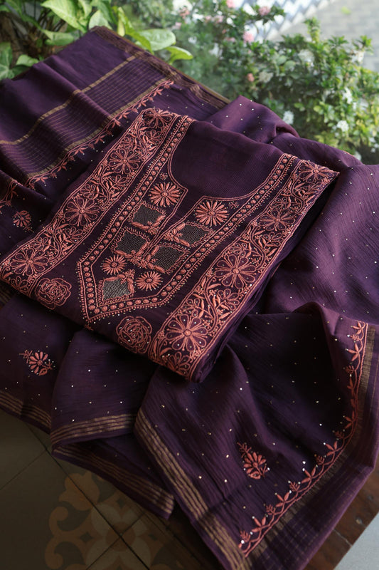 Plum Purple Shade Mal Cotton Fine Chikankari With Kamdani Work Unstitched Fabric