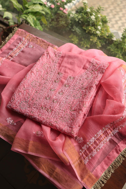 Rose Pink Shade Paper Tussar Resham Chikankari Unstitched Kurta Dupatta Set