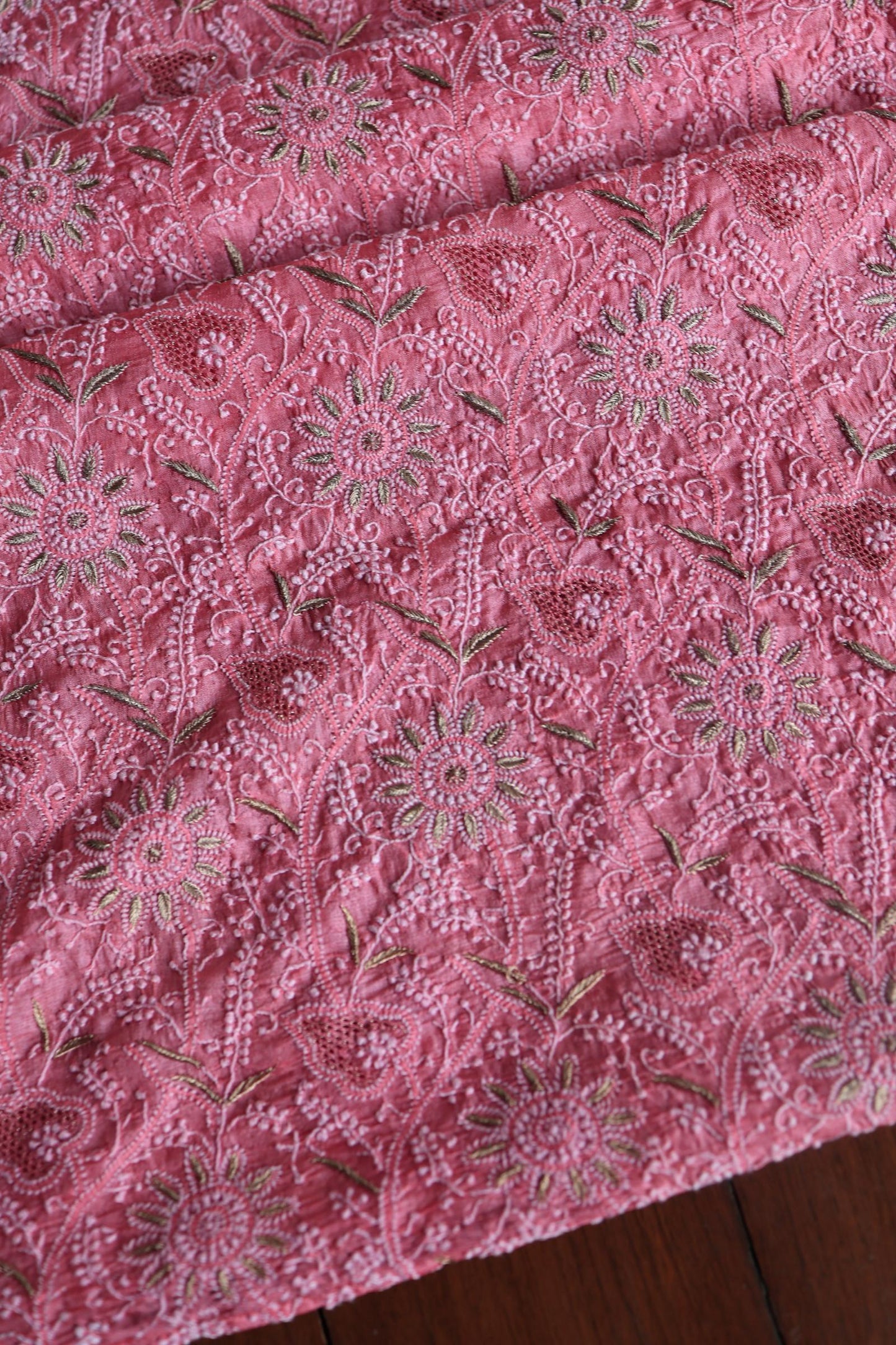 Rose Pink Shade Paper Tussar Resham Chikankari Unstitched Kurta Dupatta Set