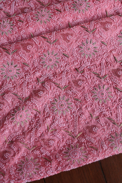 Rose Pink Shade Paper Tussar Resham Chikankari Unstitched Kurta Dupatta Set