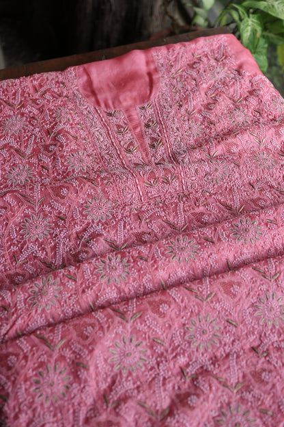 Rose Pink Shade Paper Tussar Resham Chikankari Unstitched Kurta Dupatta Set