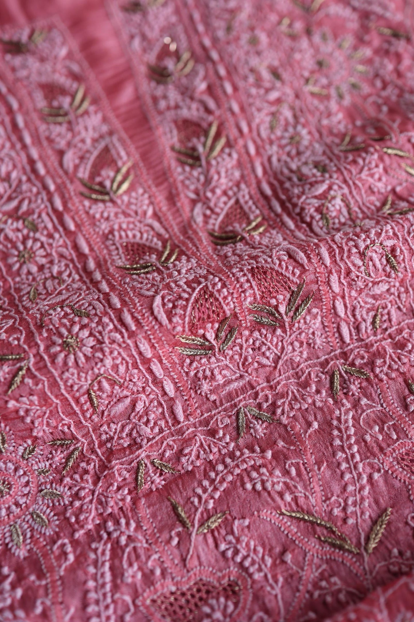 Rose Pink Shade Paper Tussar Resham Chikankari Unstitched Kurta Dupatta Set