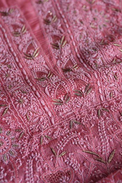 Rose Pink Shade Paper Tussar Resham Chikankari Unstitched Kurta Dupatta Set