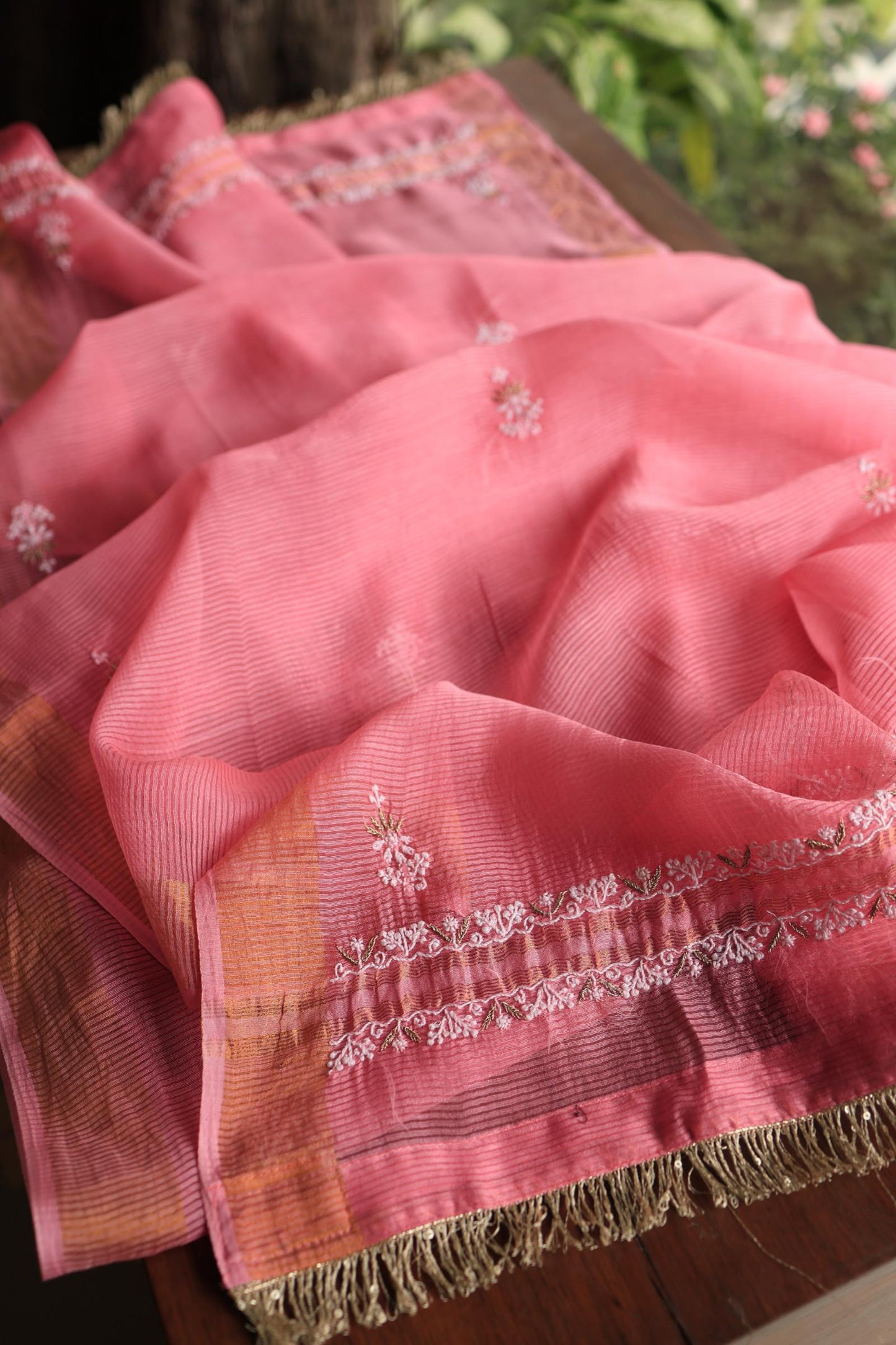 Rose Pink Shade Paper Tussar Resham Chikankari Unstitched Kurta Dupatta Set