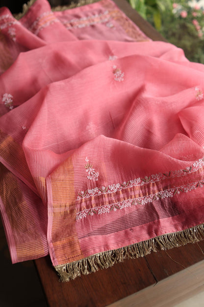 Rose Pink Shade Paper Tussar Resham Chikankari Unstitched Kurta Dupatta Set