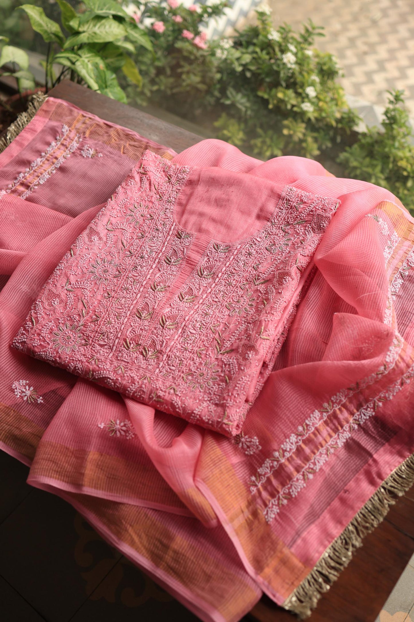 Rose Pink Shade Paper Tussar Resham Chikankari Unstitched Kurta Dupatta Set