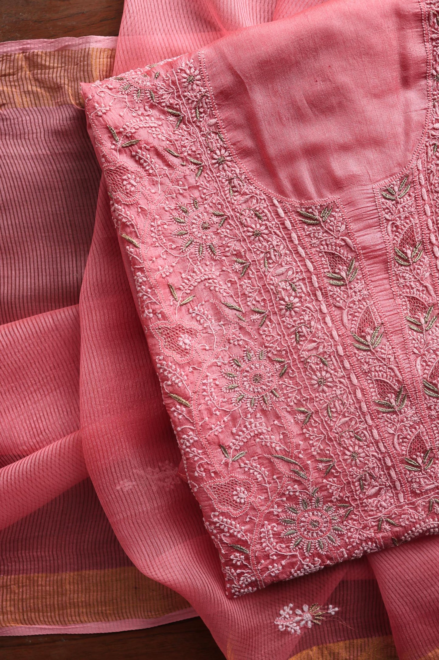 Rose Pink Shade Paper Tussar Resham Chikankari Unstitched Kurta Dupatta Set