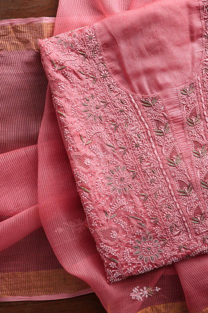 Rose Pink Shade Paper Tussar Resham Chikankari Unstitched Kurta Dupatta Set