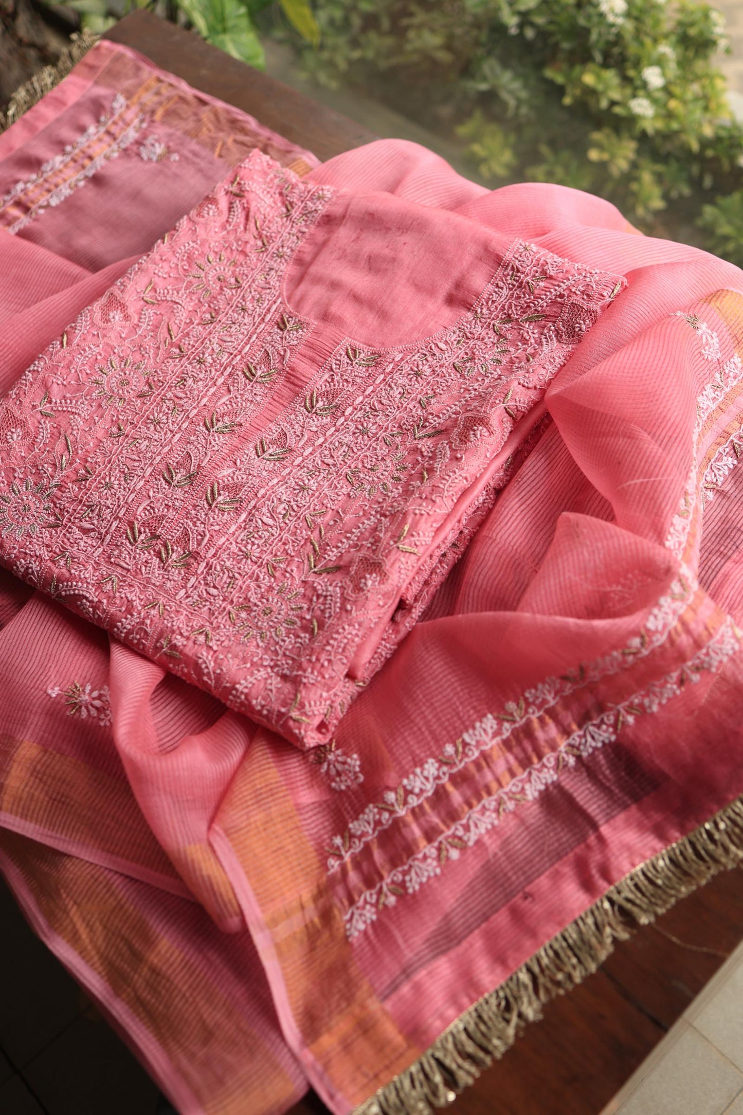 Rose Pink Shade Paper Tussar Resham Chikankari Unstitched Kurta Dupatta Set