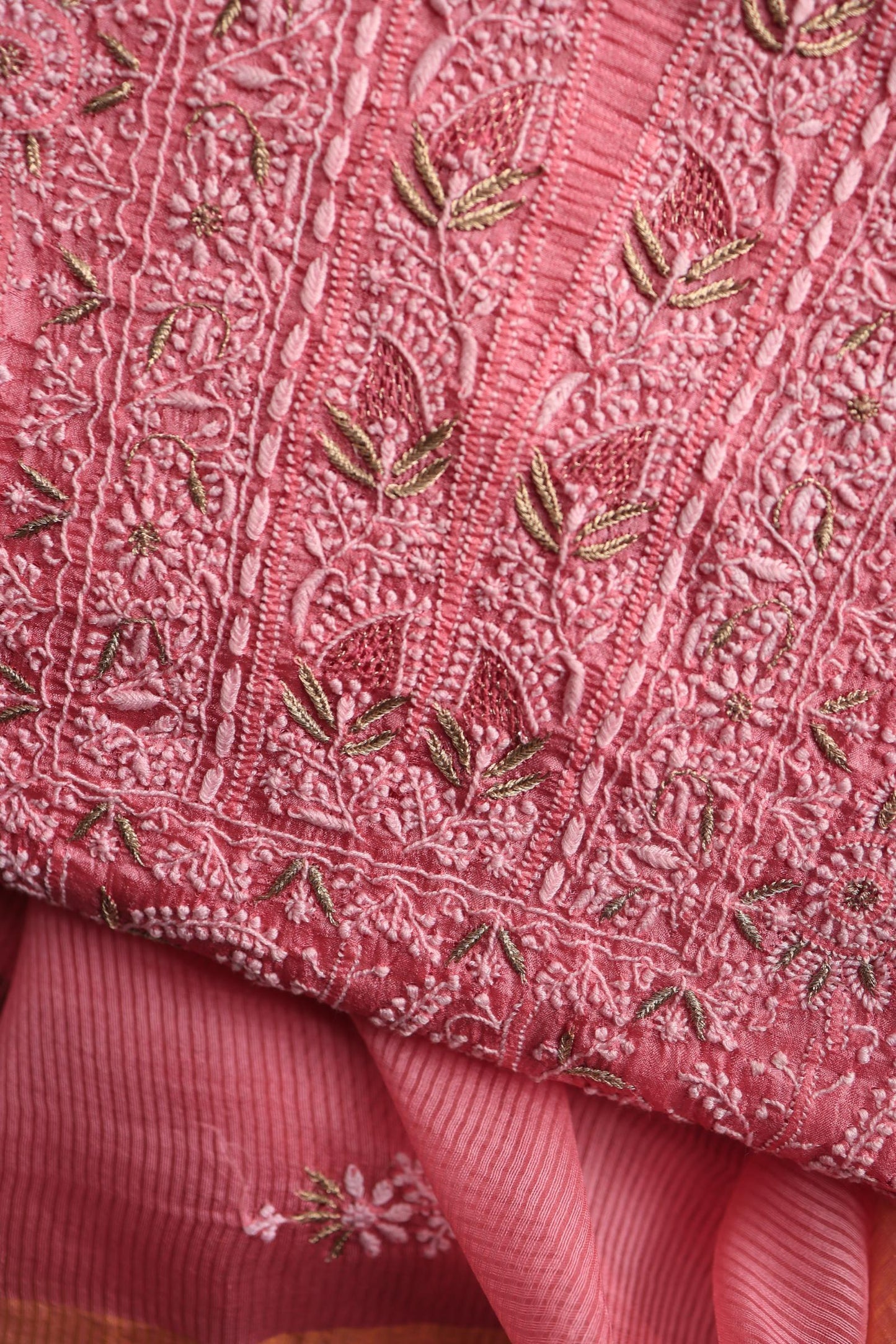 Rose Pink Shade Paper Tussar Resham Chikankari Unstitched Kurta Dupatta Set