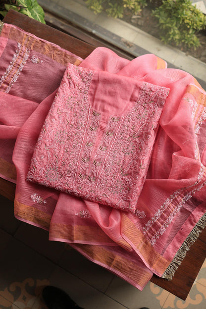 Rose Pink Shade Paper Tussar Resham Chikankari Unstitched Kurta Dupatta Set