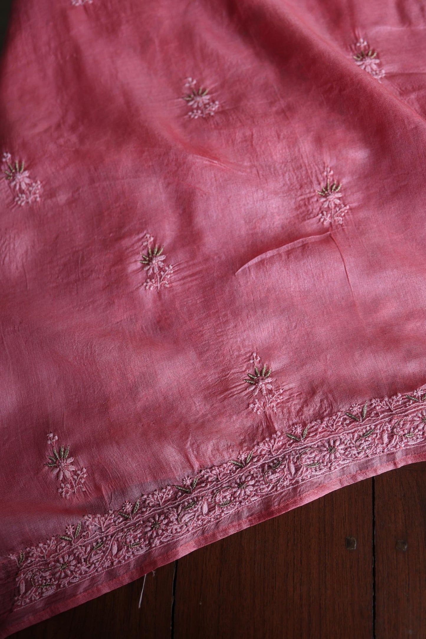 Rose Pink Shade Paper Tussar Resham Chikankari Unstitched Kurta Dupatta Set