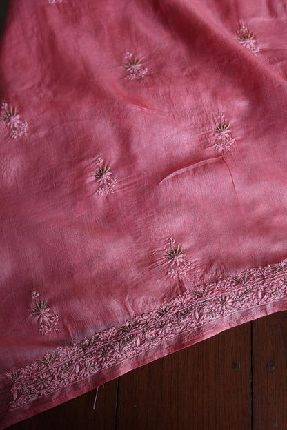 Rose Pink Shade Paper Tussar Resham Chikankari Unstitched Kurta Dupatta Set