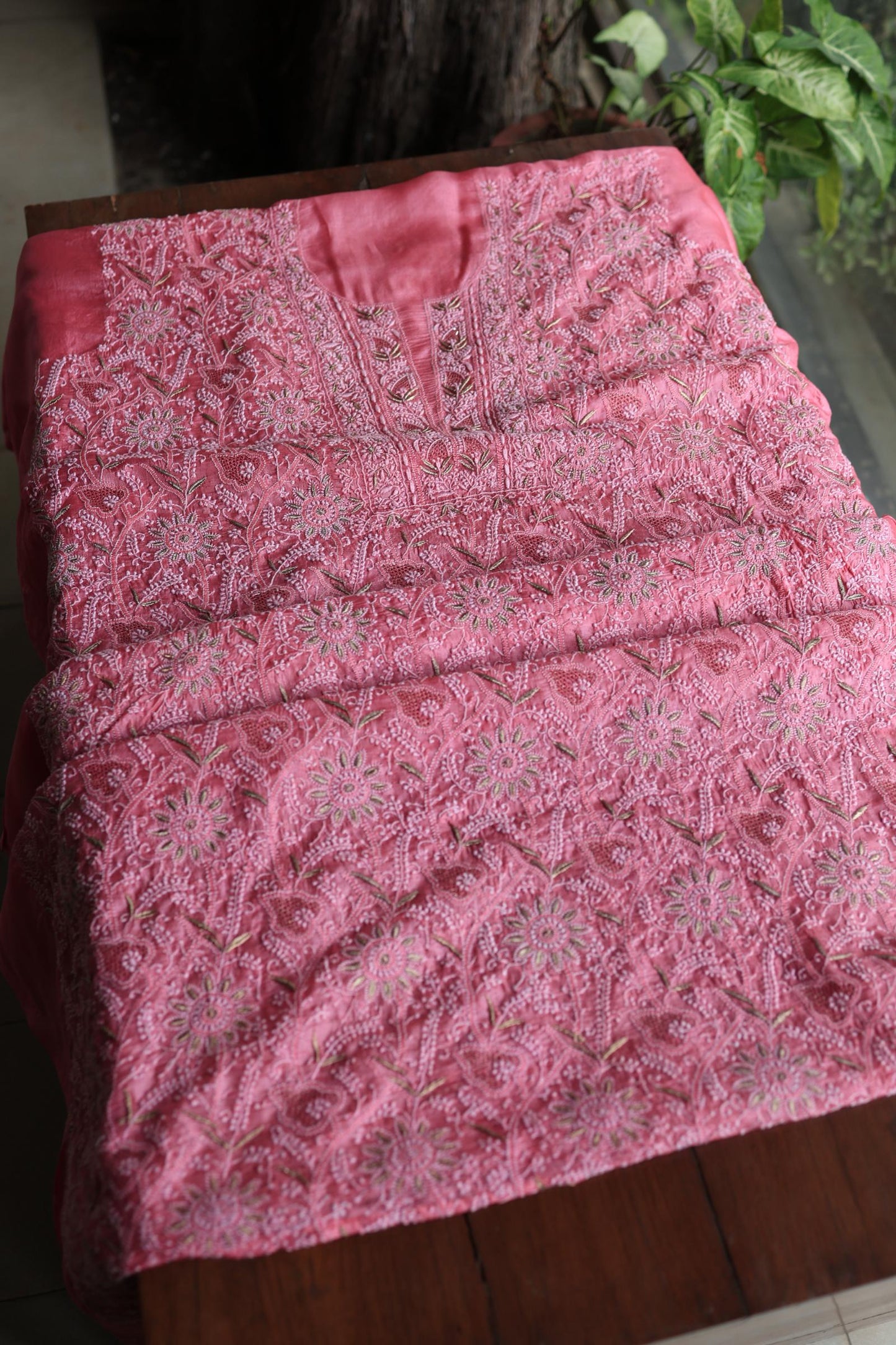 Rose Pink Shade Paper Tussar Resham Chikankari Unstitched Kurta Dupatta Set