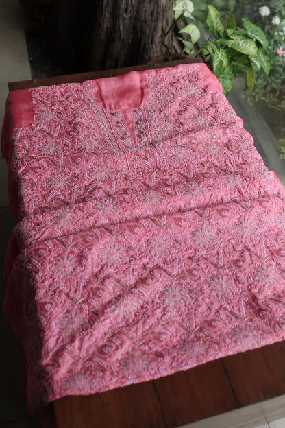 Rose Pink Shade Paper Tussar Resham Chikankari Unstitched Kurta Dupatta Set