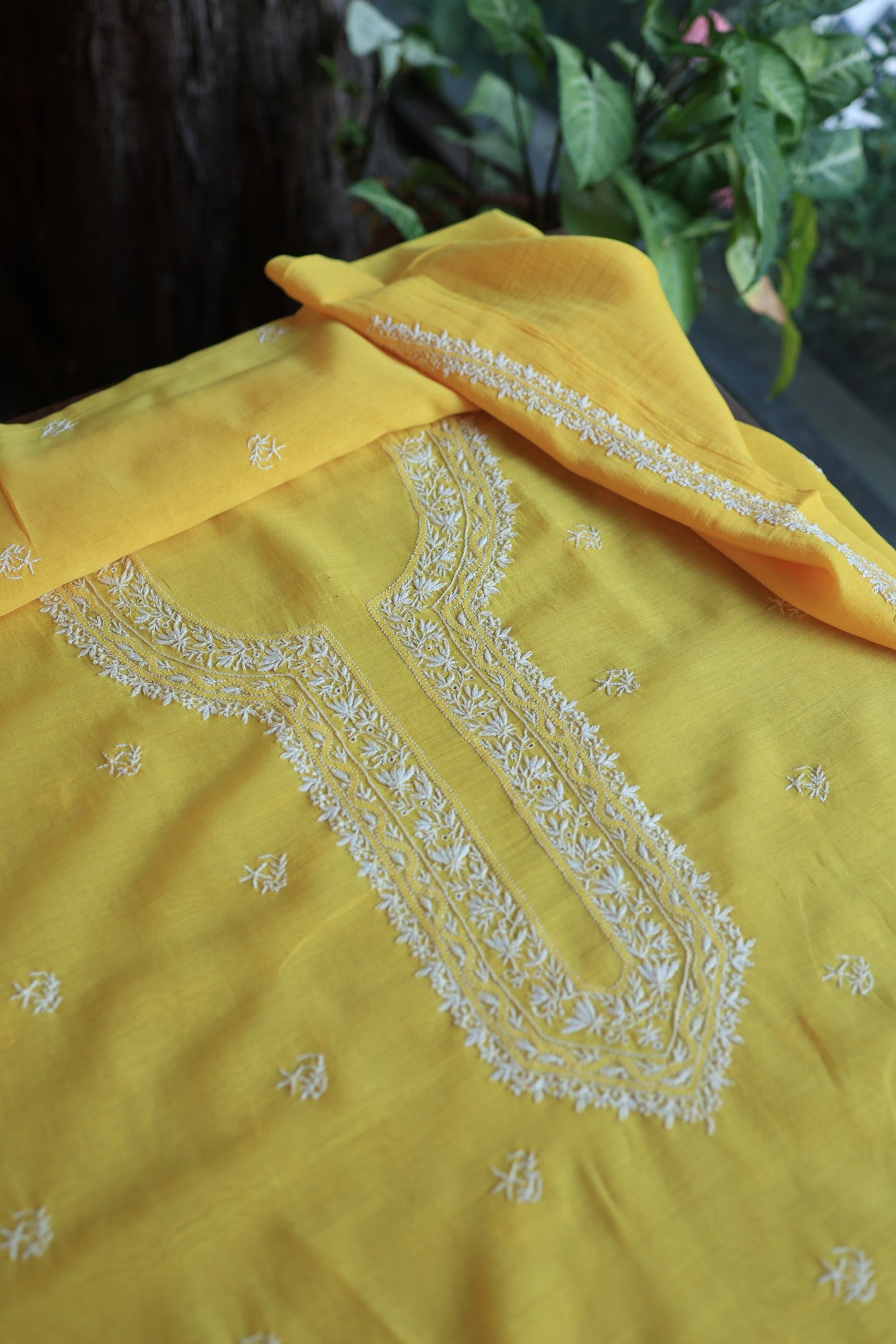Yellow Mulmul Chikankari Unstitched Men's Kurtas Fabric