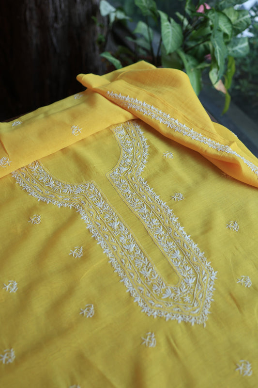 Yellow Mulmul Chikankari Unstitched Men's Kurtas Fabric