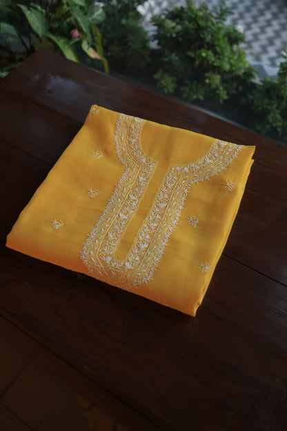 Yellow Mulmul Chikankari Unstitched Men's Kurtas Fabric