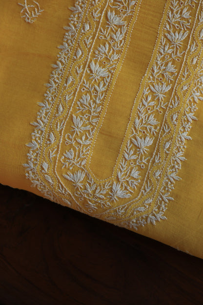 Yellow Mulmul Chikankari Unstitched Men's Kurtas Fabric
