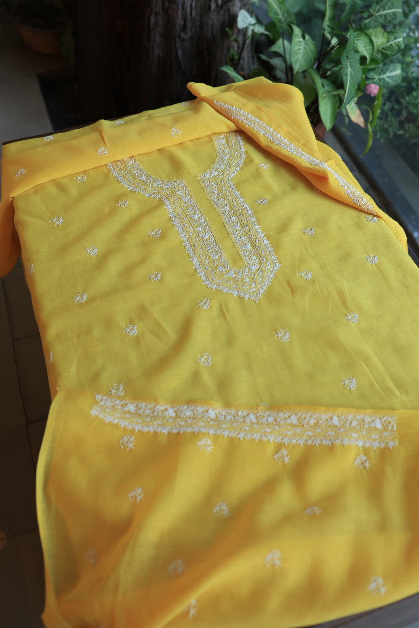 Yellow Mulmul Chikankari Unstitched Men's Kurtas Fabric