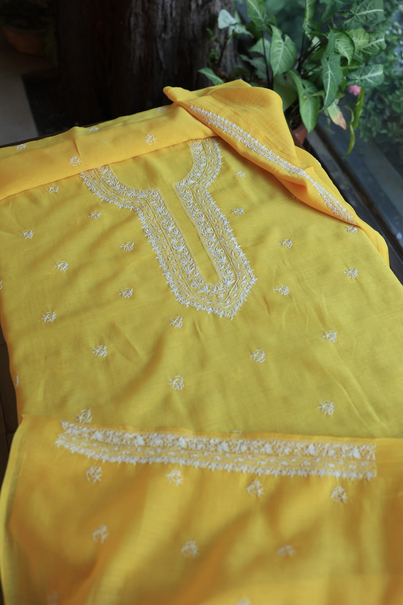 Yellow Mulmul Chikankari Unstitched Men's Kurtas Fabric