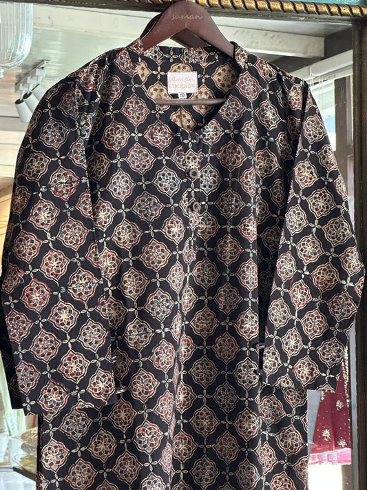 Black Ajrak Multi Shade Cotton Short Kurta