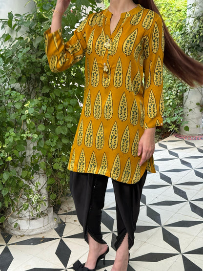 Ajrak Yellow & Green Mashru Silk, Short Kurta