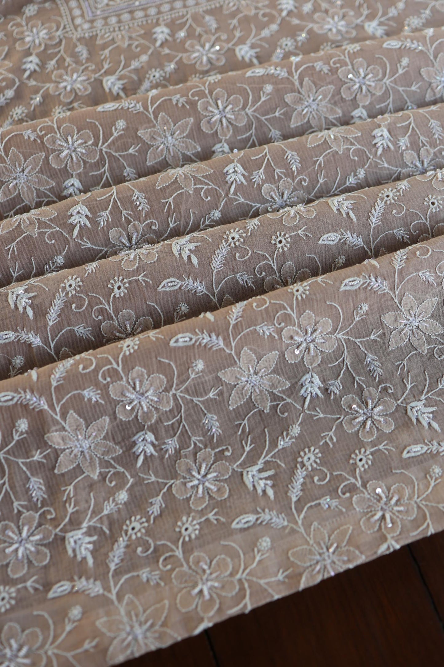 Almond Beige Salmon Shade Chanderi Silk Mukaish Badla Unstitched Fabric