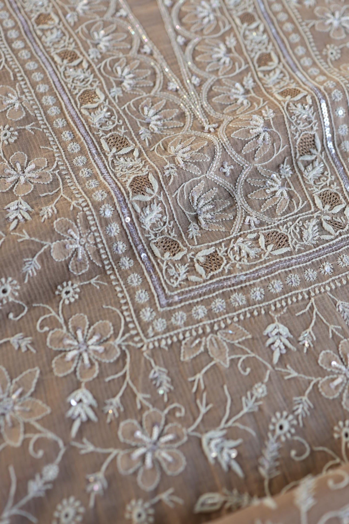 Almond Beige Salmon Shade Chanderi Silk Mukaish Badla Unstitched Fabric