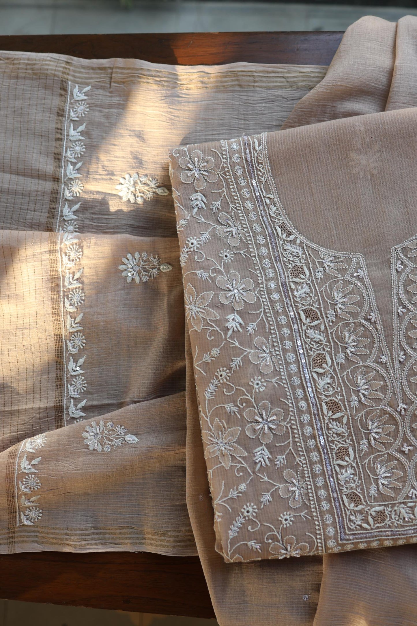 Almond Beige Salmon Shade Chanderi Silk Mukaish Badla Unstitched Fabric