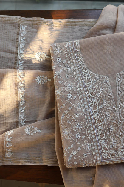 Almond Beige Salmon Shade Chanderi Silk Mukaish Badla Unstitched Fabric