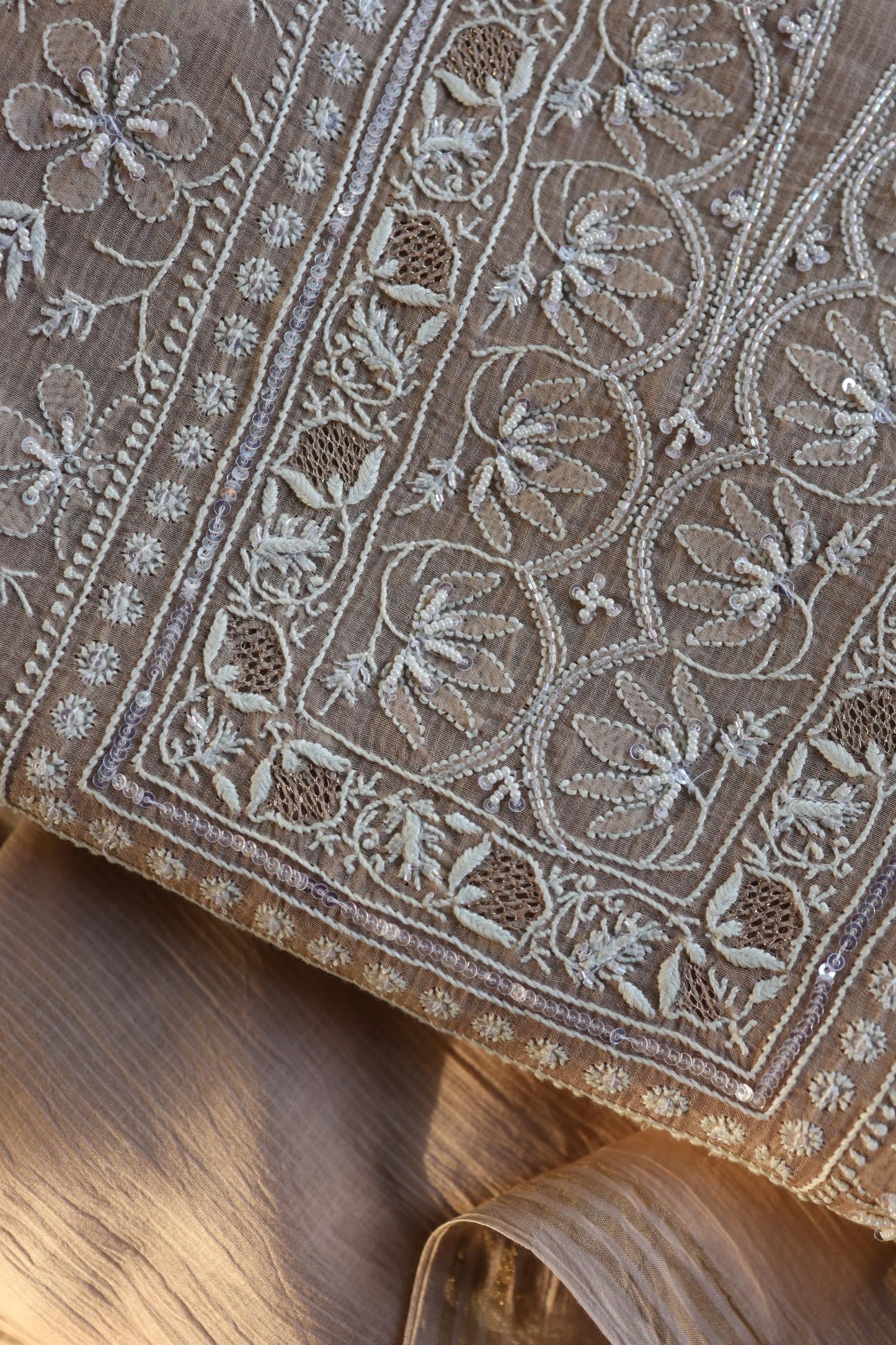 Almond Beige Salmon Shade Chanderi Silk Mukaish Badla Unstitched Fabric