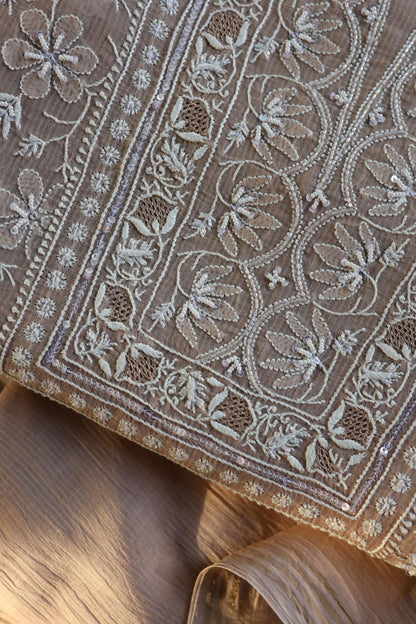 Almond Beige Salmon Shade Chanderi Silk Mukaish Badla Unstitched Fabric