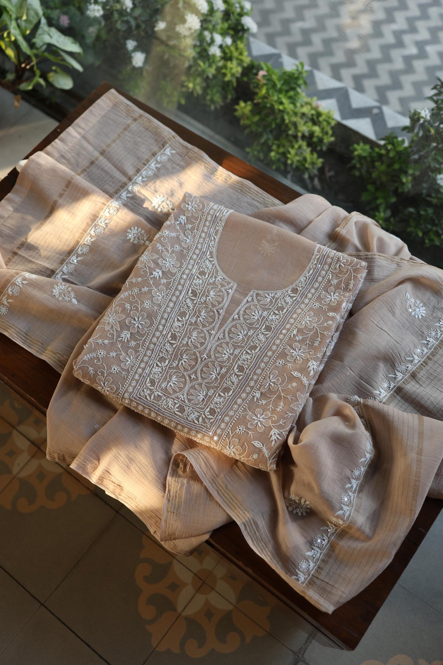 Almond Beige Salmon Shade Chanderi Silk Mukaish Badla Unstitched Fabric