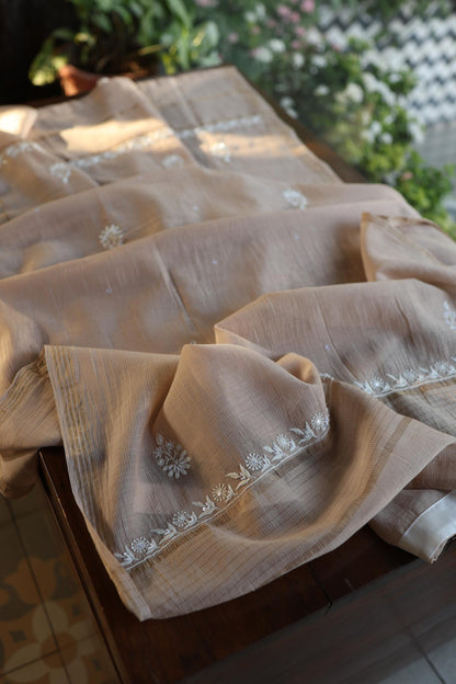 Almond Beige Salmon Shade Chanderi Silk Mukaish Badla Unstitched Fabric