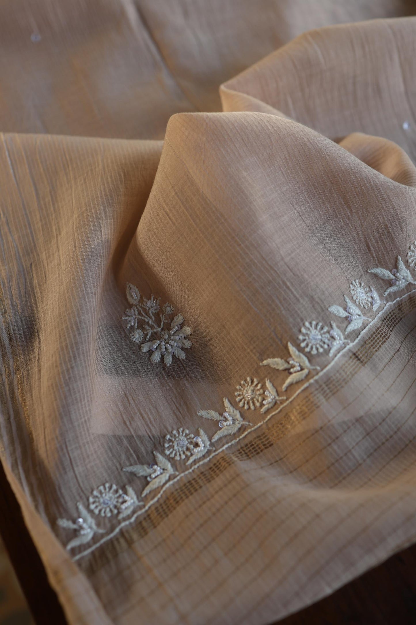Almond Beige Salmon Shade Chanderi Silk Mukaish Badla Unstitched Fabric