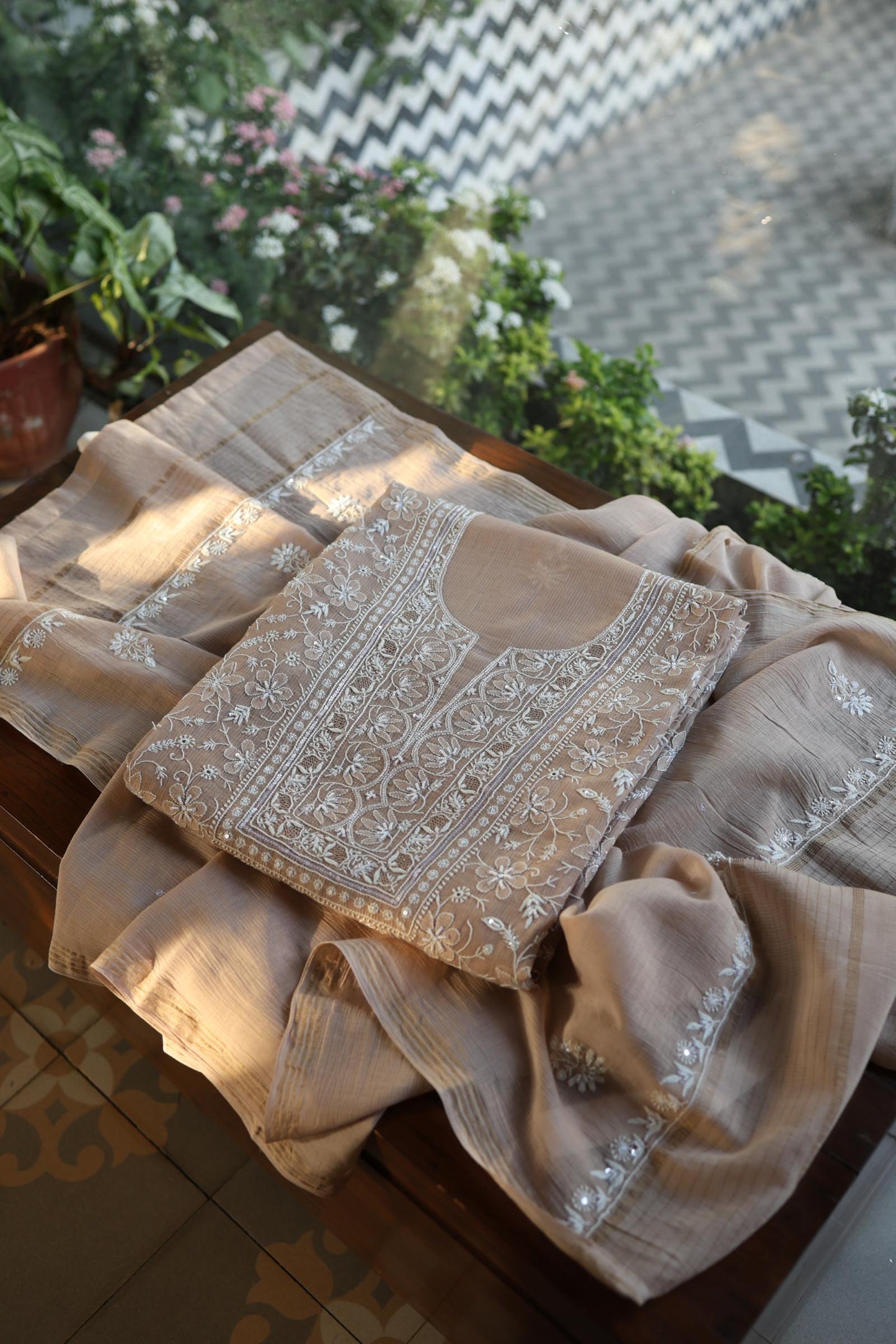 Almond Beige Salmon Shade Chanderi Silk Mukaish Badla Unstitched Fabric