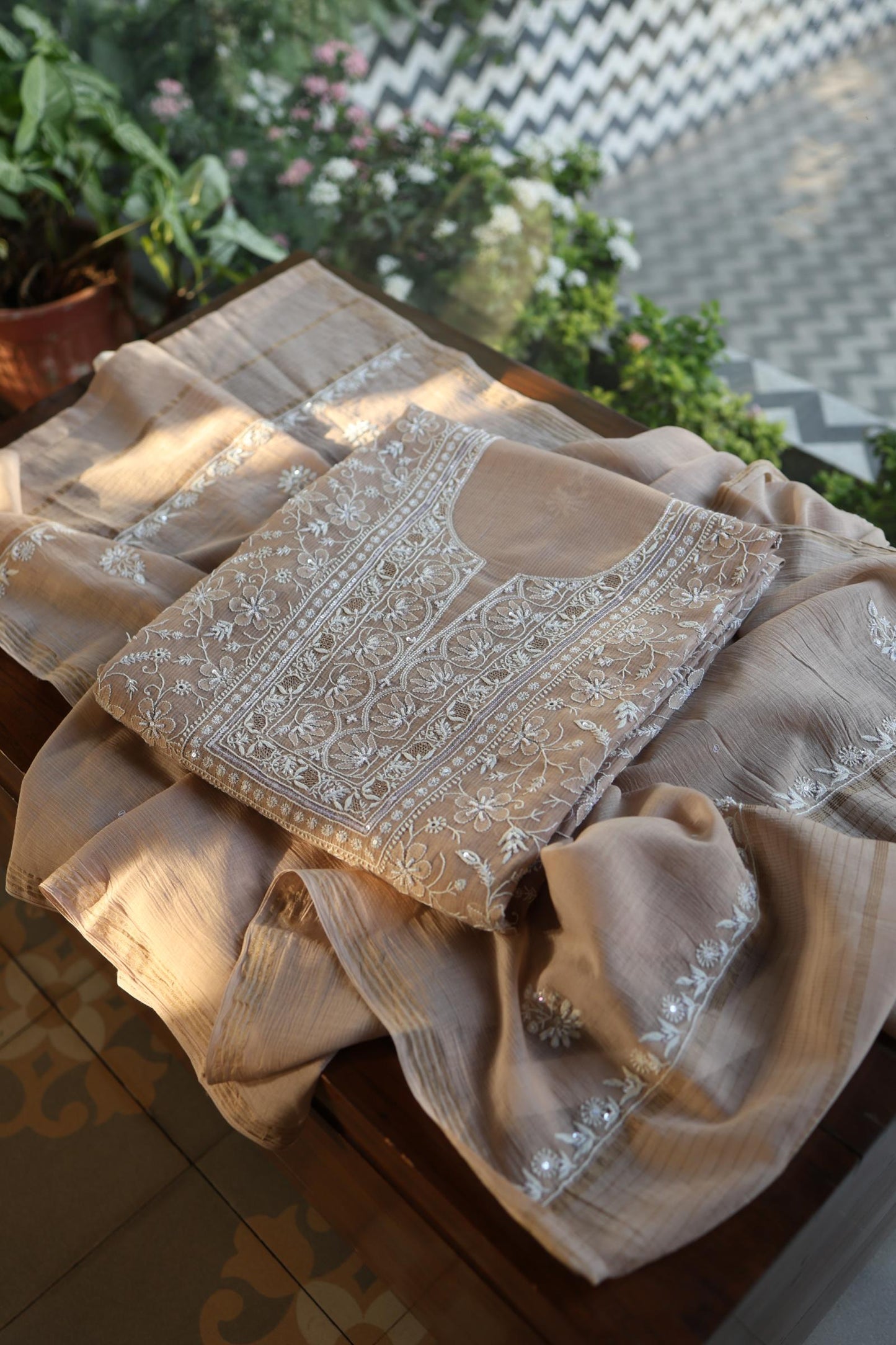Almond Beige Salmon Shade Chanderi Silk Mukaish Badla Unstitched Fabric