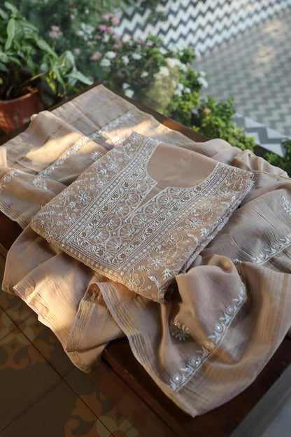 Almond Beige Salmon Shade Chanderi Silk Mukaish Badla Unstitched Fabric