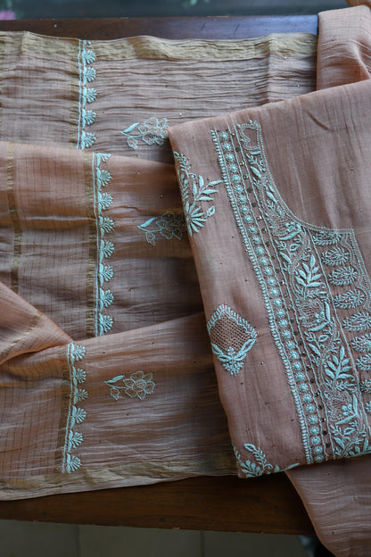 Almond Beige Shade Mal Cotton Fine Chikankari With Kamdani Work Unstitched Fabric